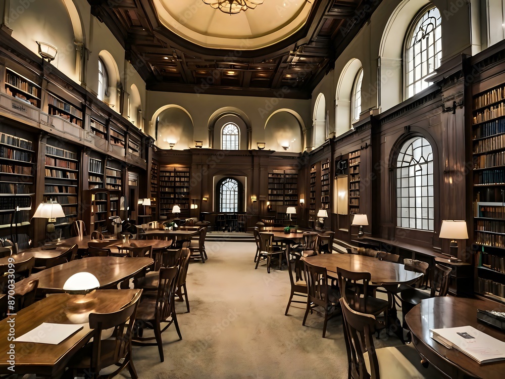 Naklejka premium A large and luxurious library with tables and chairs with a large fireplace in the center