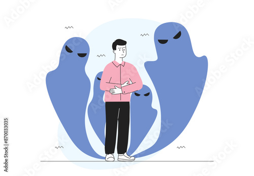 Man with fear. Young guy with shadows. Emotional stress and frustration, depression. Mental and psychological problems. Paranoia and schizophrenia. Linear vector illustration