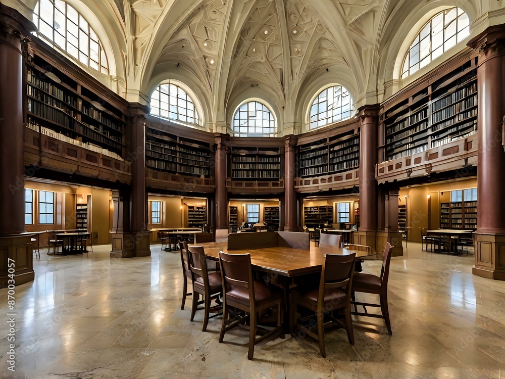 A large and luxurious library with tables and chairs with a large fireplace in the center A large and luxurious library with tables and chairs with a large fireplace in the center