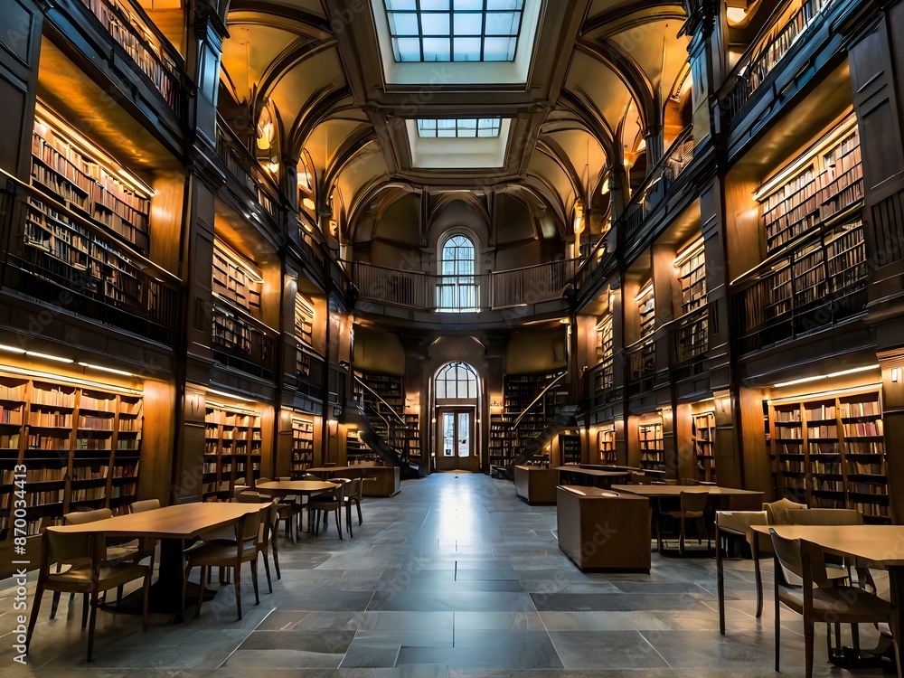 A large and luxurious library with tables and chairs with a large fireplace in the center A large and luxurious library with tables and chairs with a large fireplace in the center