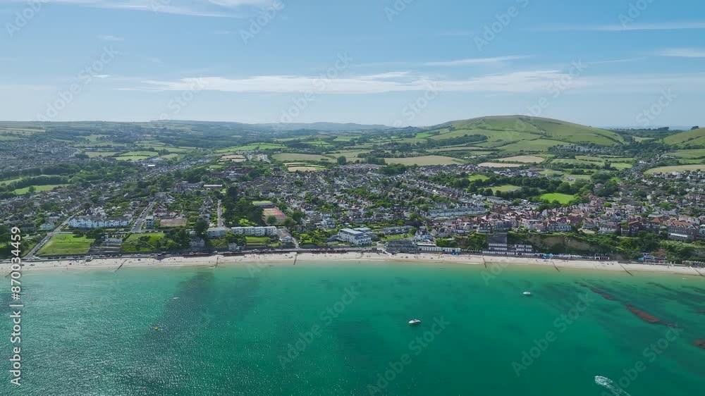 Swanage and Swanage Bay from a drone, Jurassic Coast, Dorset Coast, Poole, England Swanage and Swanage Bay from a drone, Jurassic Coast, Dorset Coast, Poole, England