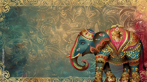 Luxurious Indian Background with Vibrant Jewel Tones and Gold Paisley Patterns and an Ornate Elephant Frame