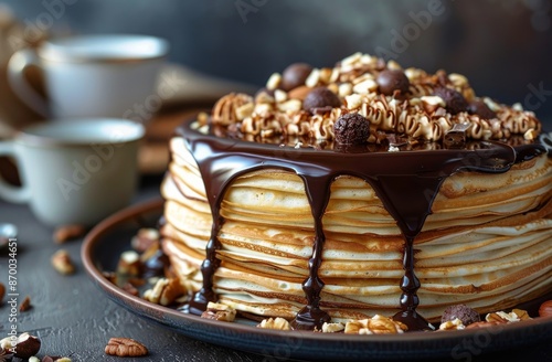 Chocolate Covered Pancake Stack With Nuts and Coffee