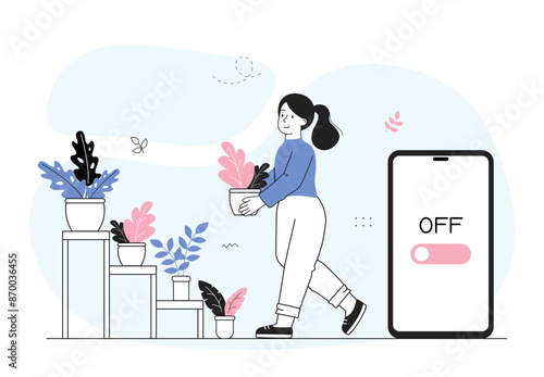 Woman refuse gadgets. Young girl with digital detox. Person with flowerpot in hands near turn off smartphone. Awareness and mindfulness. Linear vector illustration