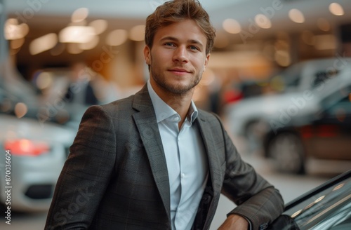 Smiling Man in Suit Leaning on Car in Showroom