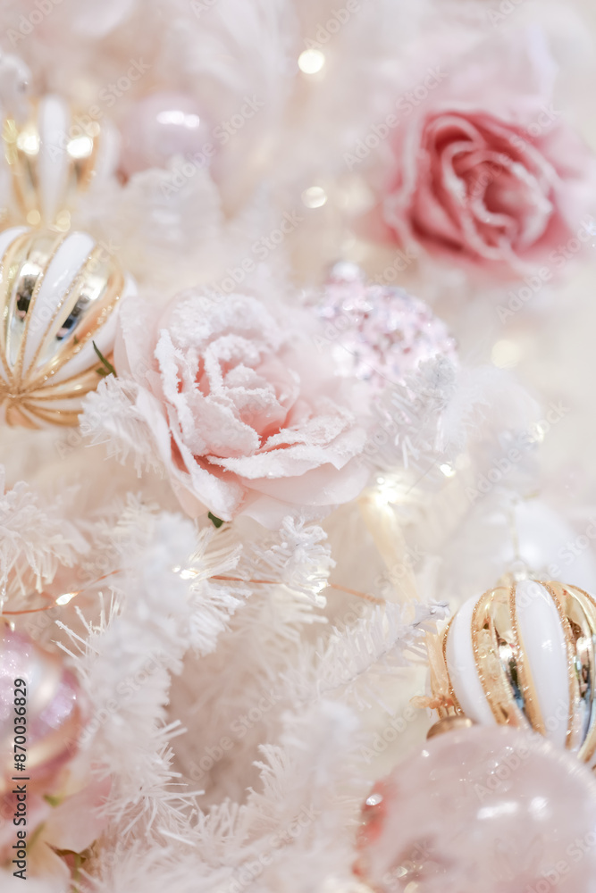 Christmas Festive sparkling background.Christmas Balls,Delicate pink rose and white snowflakes on a blurred beige background. Glowing garlands and Christmas decor. Christmas Festive sparkling background.Christmas Balls,Delicate pink rose and white snowflakes on a blurred beige background. Glowing garlands and Christmas decor.