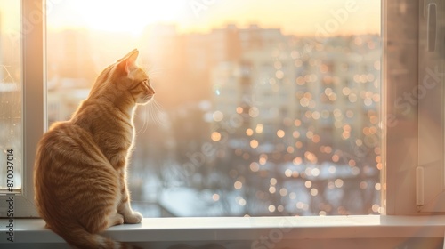 A ginger cat sits on a windowsill, gazing out at a city scene bathed in warm sunset light. photo