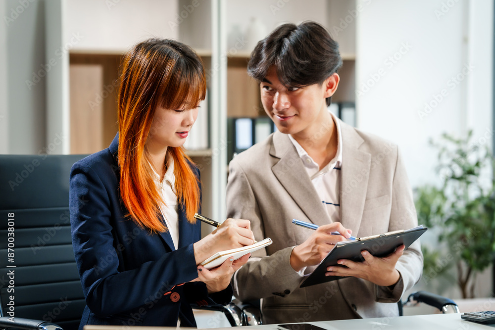 Young Asian businesswoman and businessman work together at desks, focusing on policy and planning analysis and various financial roles, emphasizing teamwork and professional collaboration.