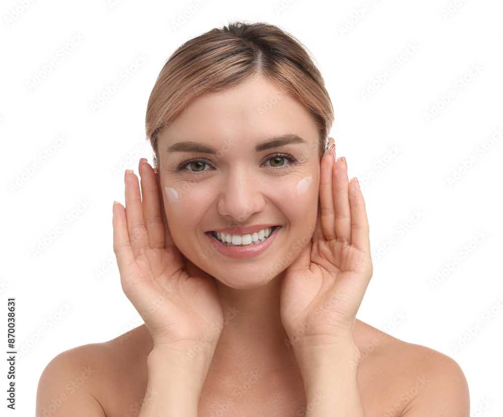 Beautiful woman with cream on her face against white background Beautiful woman with cream on her face against white background