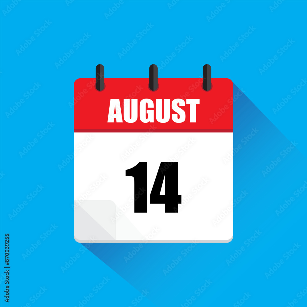 Calendar icon August. Red header design. Fourteenth August detail. Vector illustration. Calendar icon August. Red header design. Fourteenth August detail. Vector illustration.