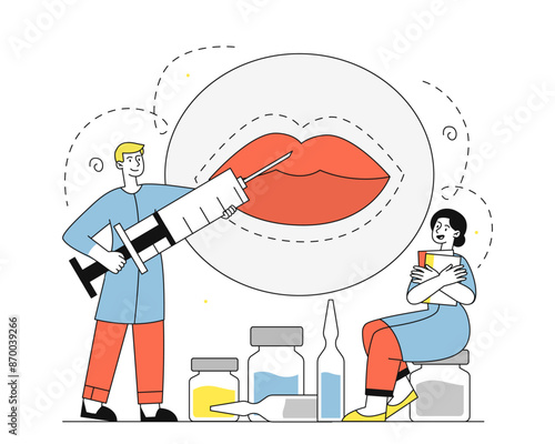 Lip filler concept. Man in medical uniform with syringe and woman with cream near lips. Cosmetologists with patient. Beauty procedures and plastic surgery. Linear vector illustration