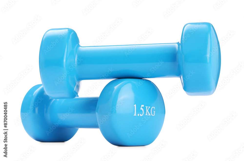 Light blue dumbbells isolated on white. Sports equipment Light blue dumbbells isolated on white. Sports equipment