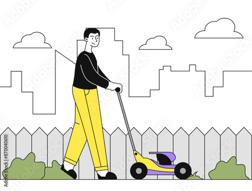 Man with lawnmower. Young guy mows lawn in backyard. Routine and household chores. Trimming grass in garden. Gardening occupation. Linear vector illustration