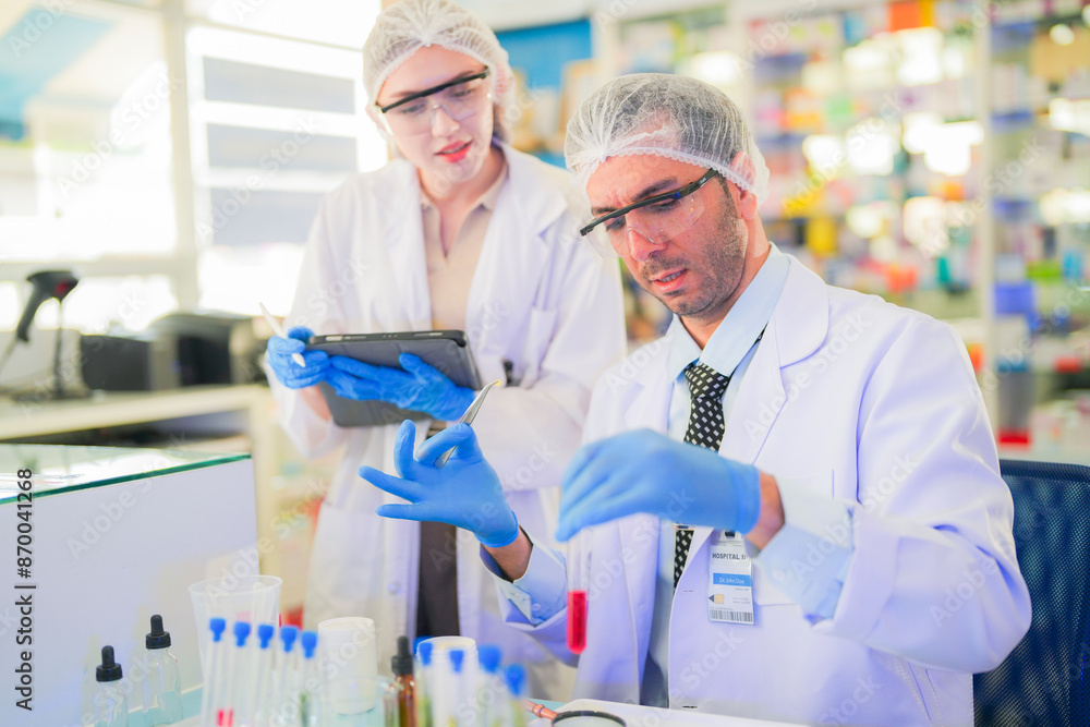 scientists perform experiments and record data. people arranges equipment with test tubes and chemicals for producing medicine and biochemistry. man hold tubes of chemical liquids and plant samples. scientists perform experiments and record data. people arranges equipment with test tubes and chemicals for producing medicine and biochemistry. man hold tubes of chemical liquids and plant samples.