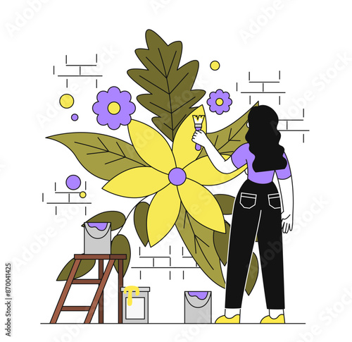 Mural artist at street. Woman with brush and paints paints flower on brick wall. Street art and youth culture. Vandalism and hooliganism. Linear vector illustration