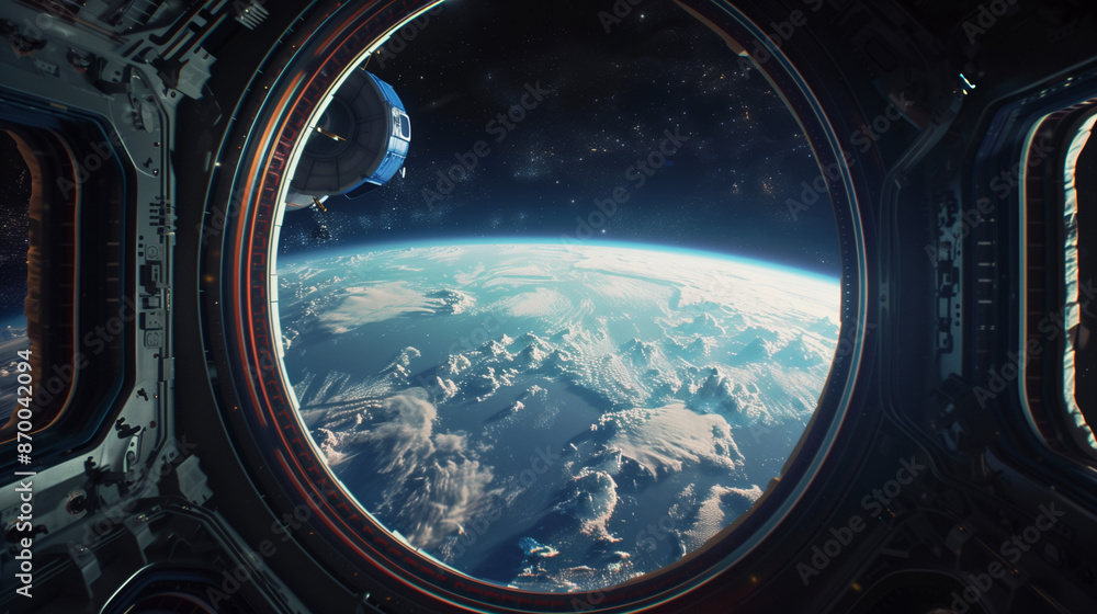 Earth, view through the window of a space station or spaceship, from orbit. Beautiful blue planet, clouds and oceans on it Earth, view through the window of a space station or spaceship, from orbit. Beautiful blue planet, clouds and oceans on it