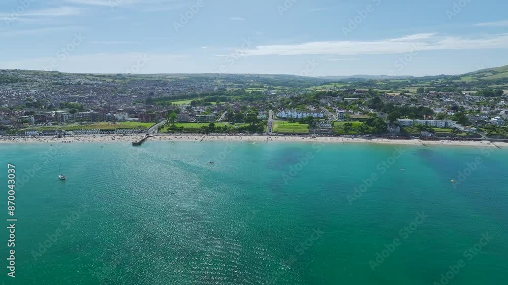 Swanage Bay and Ballard Cliff from a drone, Jurassic Coast, Dorset Coast, Poole, England Swanage Bay and Ballard Cliff from a drone, Jurassic Coast, Dorset Coast, Poole, England