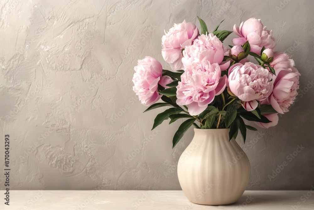 Beautiful peonies in vase on table against grunge background Beautiful peonies in vase on table against grunge background