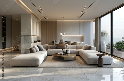 Modern Sectional Sofa in Spacious Living Room With City View and Glass Doors