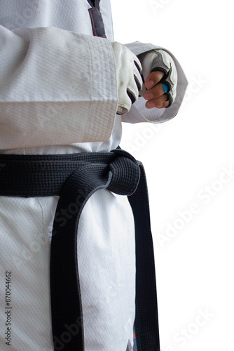 Fotografie Isolated Taekwondo player black belt transparency, martial arts