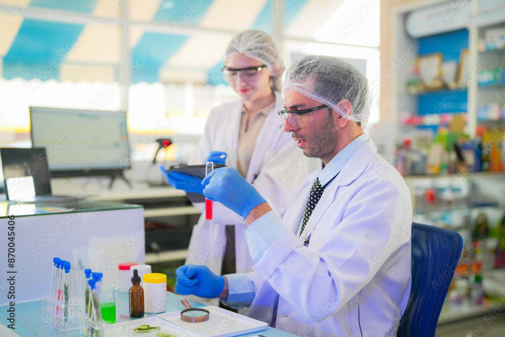 scientists perform experiments and record data. people arranges equipment with test tubes and chemicals for producing medicine and biochemistry. man hold tubes of chemical liquids and plant samples.