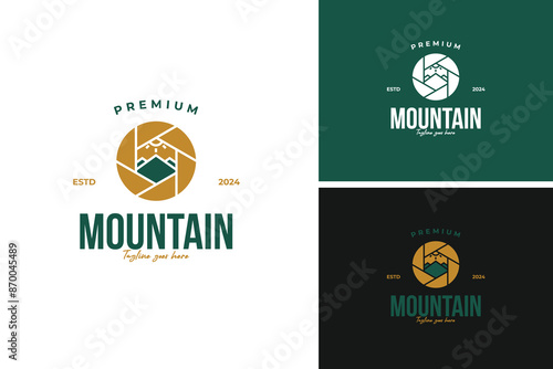 Camera lens with a mountain reflection logo design, ideal for a photography business specializing in nature and landscapes. Vector illustration template idea