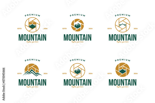 Set of camera lens with a mountain reflection logo design vector illustration template idea photo