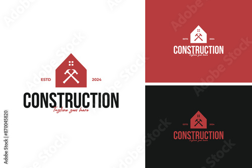 Hammer crossing a building silhouette logo design, perfect for a construction or real estate development company. Vector illustration template idea
