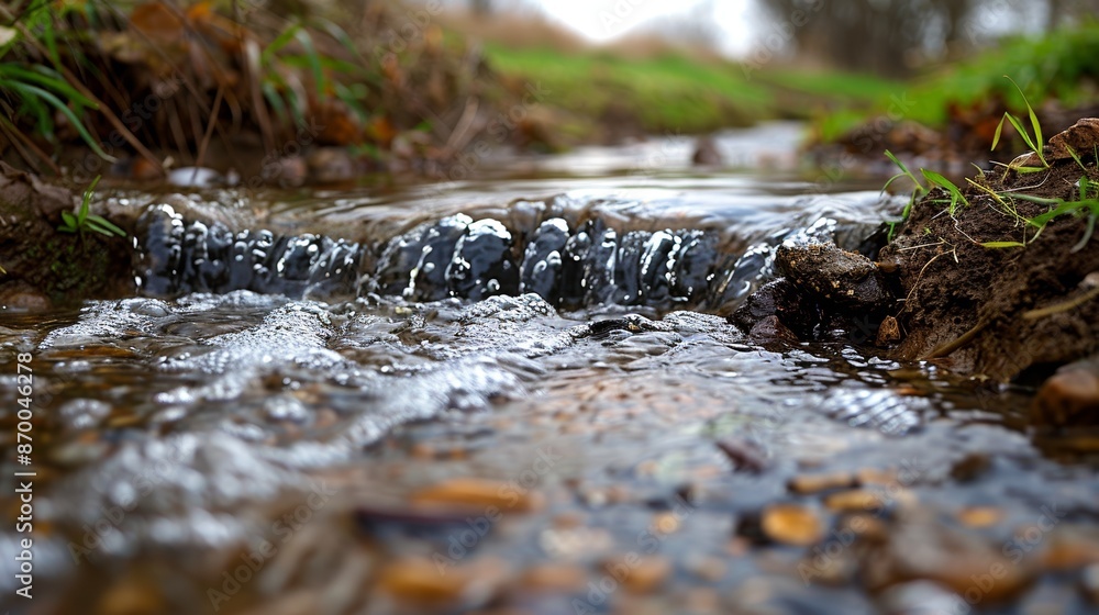 Fototapeta premium A serene image of a small, clear stream winding through a grassy landscape, with rippling water and pebbles creating a peaceful and natural atmosphere