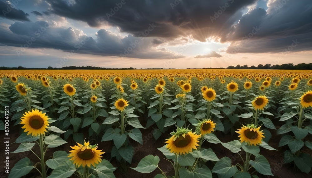 Obraz premium A panoramic view of a sunflower field with a dramatic sky filled with fluffy white clouds.
