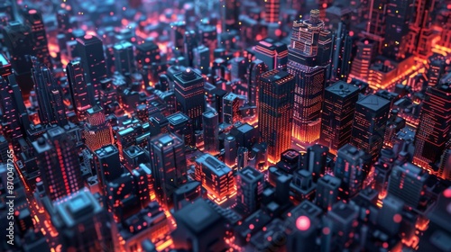 Digital Twin Cityscape Illuminated By Red And Blue Lights