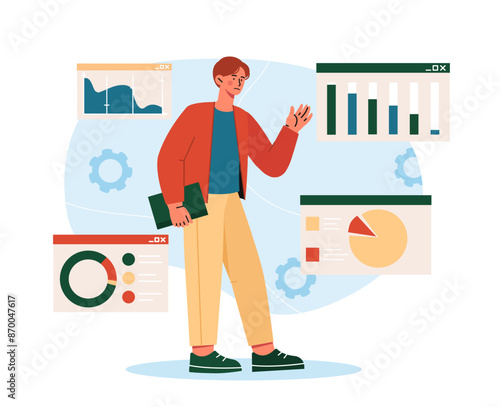 Sad businessman with graphs. Young guy evaluates statistics and infographics. Economic depression and recession. Entrepreneur with bankruptcy. Cartoon vector illustration