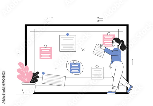 Woman with scrum board. Girl near list of goals and tasks. Organizing efficient workflow and time management. To do lists and sticky notes. Linear vector illustration