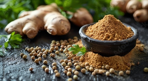 Ground Ginger, Coriander Seeds, and Fresh Parsley on Black Surface