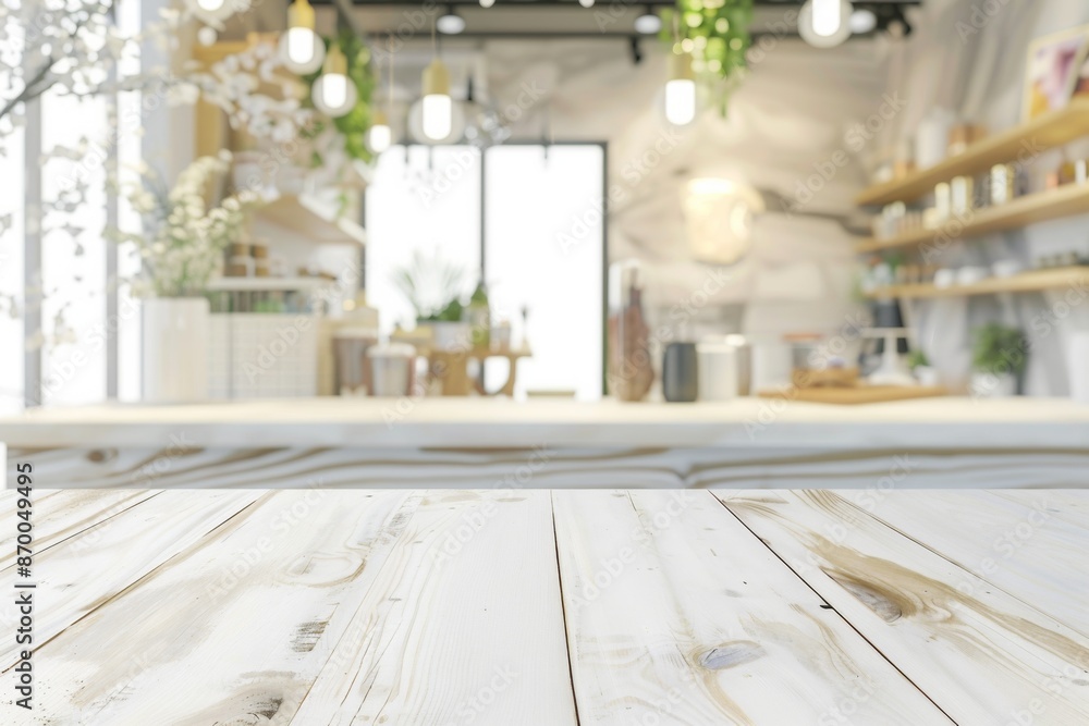 White table with blurred lights in bright interior White table with blurred lights in bright interior
