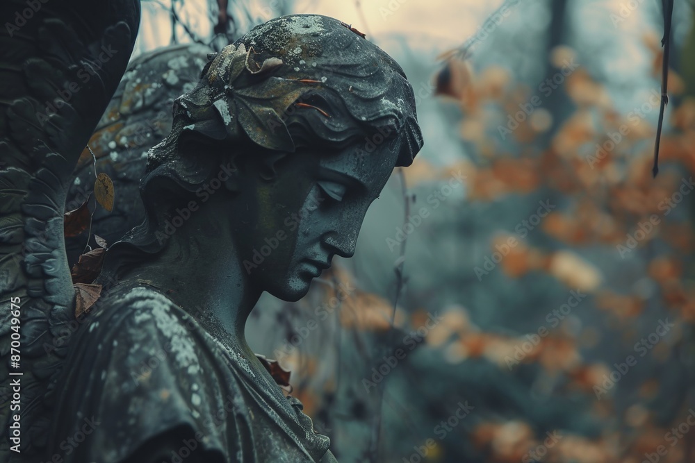 Fototapeta premium Close-up of stone angel statue with aging details