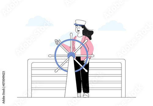 Ship captain woman. Young girl driving ship and yacht. Nautical trip and travel. Water transport in sea or ocean. Holiday and vacation. Linear vector illustration