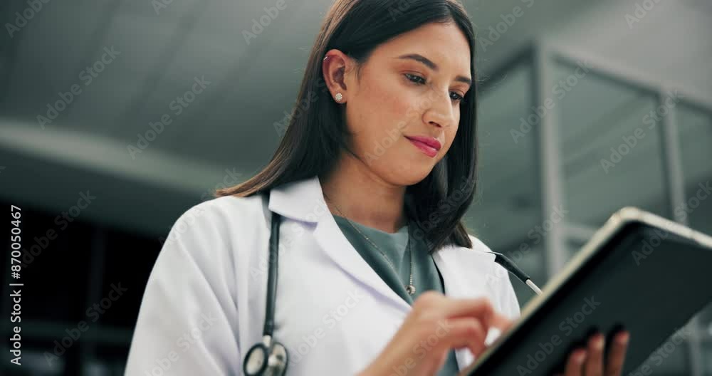 Doctor, tablet and reading in hospital for healthcare, telehealth and medical diagnosis or treatment. Woman, technology and scroll in workplace for health, wellness or research on medicine or surgery Doctor, tablet and reading in hospital for healthcare, telehealth and medical diagnosis or treatment. Woman, technology and scroll in workplace for health, wellness or research on medicine or surgery