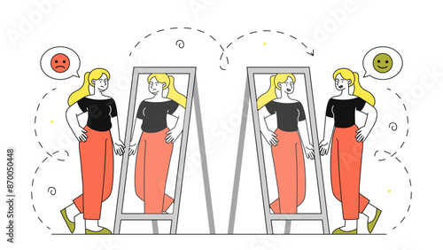 Woman with weight loss. Plump and thin young girl stands in front of mirror and look at reflection. Active lifestyle and sports. Diet for weight loss. Linear vector illustration