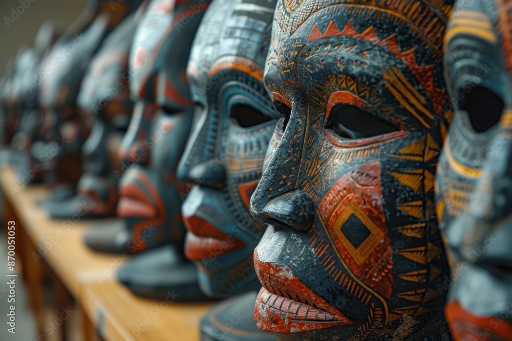An intricately designed series of traditional African tribal masks on display, capturing the cultural heritage and artistic craftsmanship of indigenous artisans An intricately designed series of traditional African tribal masks on display, capturing the cultural heritage and artistic craftsmanship of indigenous artisans