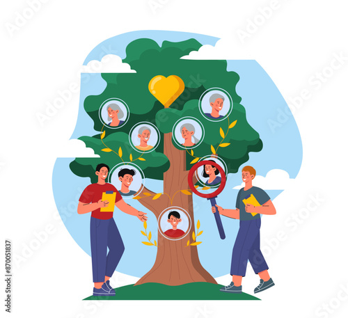 People studying genealogical tree. Two men with magnifying glass study family history. Generational structure. Grandparents, mom and dad, son and daughter. Cartoon vector illustration