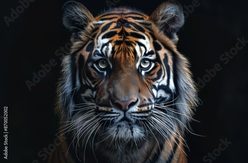 Close Up Portrait of a Majestic Tiger With Intense Eyes Against a Black Backg...