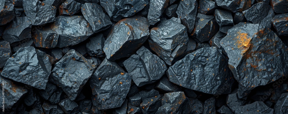 Close-up of numerous dark grey textured rocks and stones, displaying unique irregular shapes and surfaces with hints of orange throughout the composition Close-up of numerous dark grey textured rocks and stones, displaying unique irregular shapes and surfaces with hints of orange throughout the composition