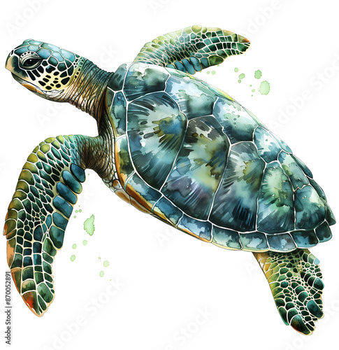 Watercolor Green Sea Turtle Clipart, white background photo