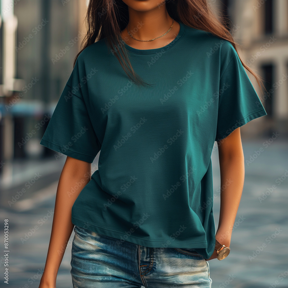 Teal Green Oversized T-Shirt Boho Mockup on City Street Teal Green Oversized T-Shirt Boho Mockup on City Street
