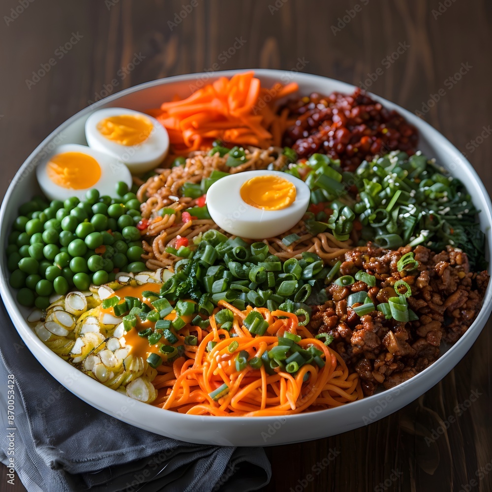 Colorful Noodle Bowl with Vegetables, Eggs, and Meat Colorful Noodle Bowl with Vegetables, Eggs, and Meat