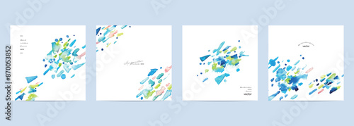 水彩画。水彩タッチの幾何学ベクターポストカードセット。抽象的なテクスチャ背景。Watercolor. Geometric vector postcard set with watercolor touch. Abstract textured background.