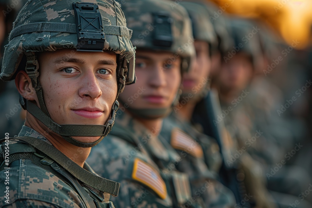 Fototapeta premium Group of military personnel in uniform sitting together, focusing on one young soldier smiling and making eye contact with the camera