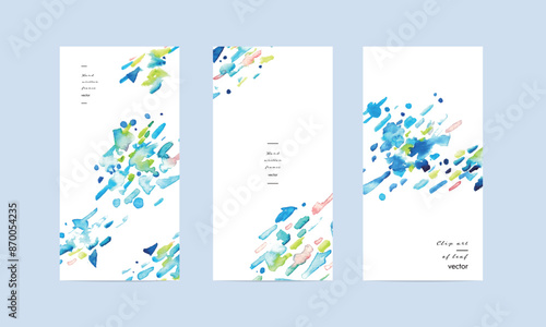 水彩画。水彩タッチの幾何学ベクターポストカードセット。抽象的なテクスチャ背景。Watercolor. Geometric vector postcard set with watercolor touch. Abstract textured background.