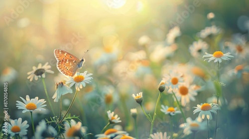 Beautiful wild flowers chamomile with butterfly on sunny spring meadow, close-up macro. Landscape wide format, copy space. Delightful pastoral airy artistic image © Achmad Khoeron